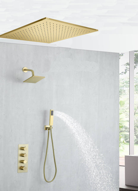 20 inch ceiling mount Brushed gold 3 way thermostatic shower faucet with high pressure 6 '' head and handle sprayer