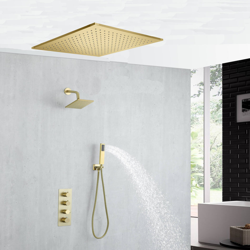 20 inch ceiling mount Brushed gold 3 way thermostatic shower faucet with high pressure 6 '' head and handle sprayer