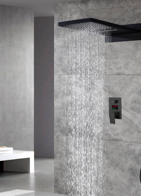 Matte Black 22 Inch Rainfall Waterfall 3 Way anti-scald pressure balance Digital  Display Shower Faucet