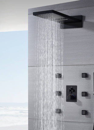 22'' Matt Black 3 way Thermostatic Shower Faucet Waterfall & Rain Massage Body Jet that each function work at the same time and seperately