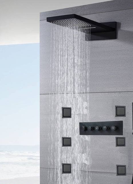 22'' Matte Black 4 way thermostatic shower Waterfall Rainfall shower systems with 4inch flush body jets