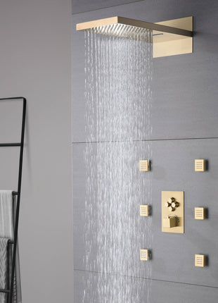 22inch Brushed gold 4 way Thermostatic Shower valve system that each function run all together and separately