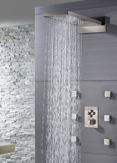 22'' Brushed Nickel 4 Way Thermostatic Shower Faucet Waterfall & Rain Massage Body Jet Spray