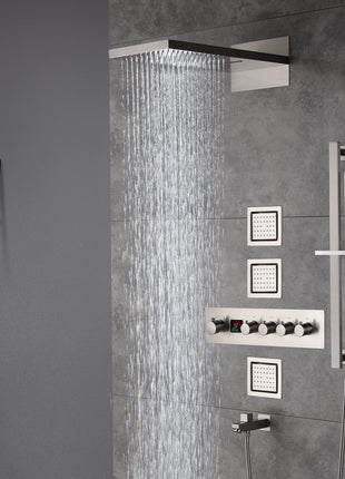 22inch rainfall and waterfall Brushed Nickel 4 Way digital Thermostatic Shower Faucet with 4inch Body Jet