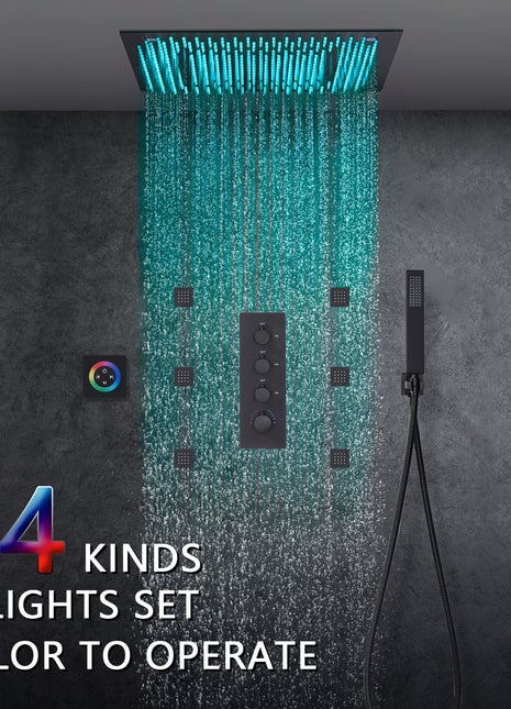 64 LED colors 20 inch Matte Black flushed on rainfall shower systems 3 way Digital display thermostatic valve with 6 body jets and touch panel