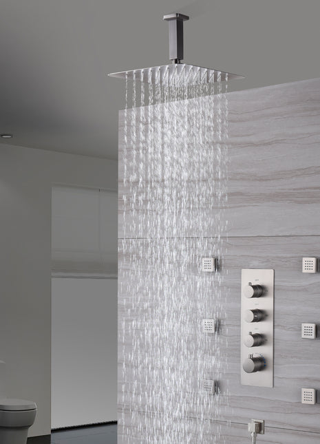 Brushed nickel 12 inch or 16 inch Ceiling mount Rain Shower system with 6 body jets and 3 way Thermostatic valve that each function work all together and separately
