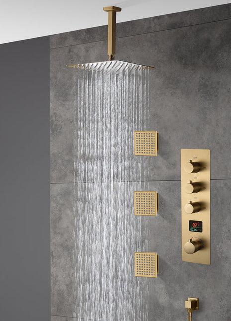 Brushed gold ceiling mount 12 inch or 16 inch rain head 3 way digital display thermostatic shower faucet with large body sprayers