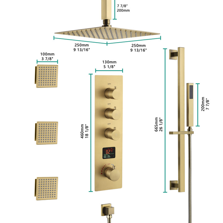 Brushed gold ceiling mount 12 inch or 16 inch rain head 3 way digital display thermostatic shower faucet with large body sprayers