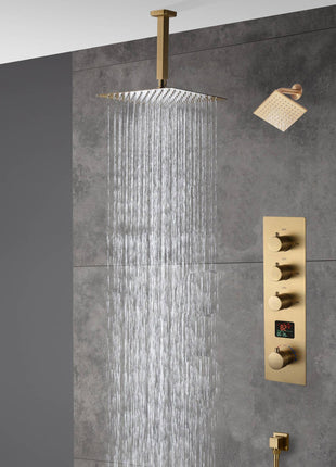 Brushed Gold rainfall shower head high pressure shower head 3 way digital display thermostatic valve shower heads systems each function work at the same time and separately