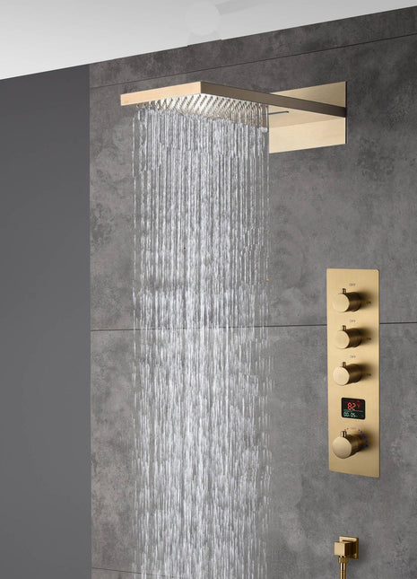 22inch Brushed gold 3 way Digital display Thermostatic Shower valve system that each function run all together and separately