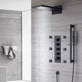 Matte Black 22 Inch Rainfall Waterfall Shower Head 4 Way Thermostatic Shower Faucet Set with Slide Bar and Body Jets Each Function Work All Together and Separately