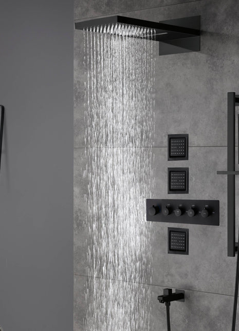 Matte Black 22 Inch Rainfall Waterfall Shower Head 4 Way Thermostatic Shower Faucet Set with Flushed Body Jets