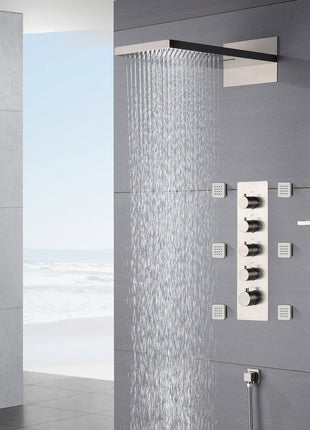 22-Inch Brushed Nickel 4-Way Thermostatic Shower Faucet with Waterfall, Rain, Body Jet Spray, and Sliding Bar
