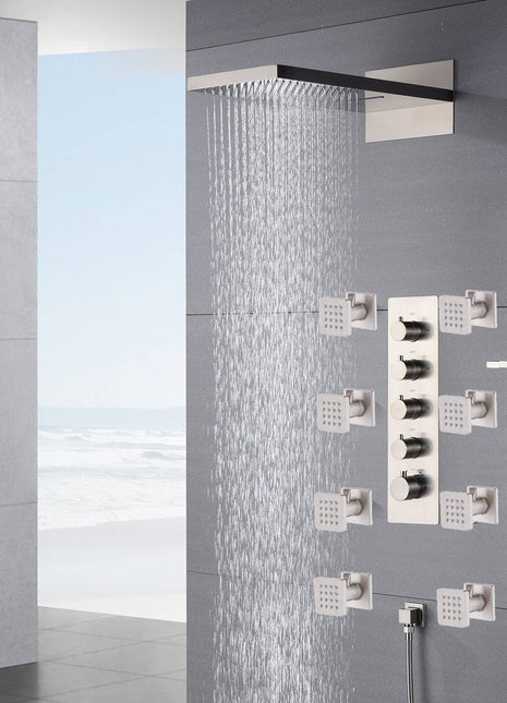 22inch rainfall and waterfall Brushed Nickel 4 Way Thermostatic Shower Faucet with 8 on/off function Body Jets