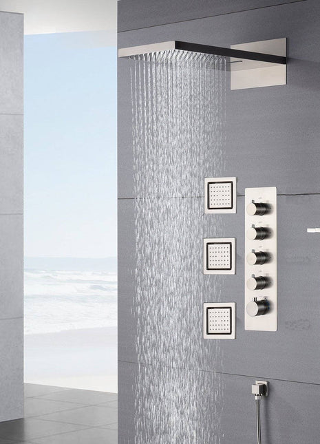22inch rainfall and waterfall Brushed Nickel 4 Way Thermostatic Shower Faucet with 4inch Body Jet