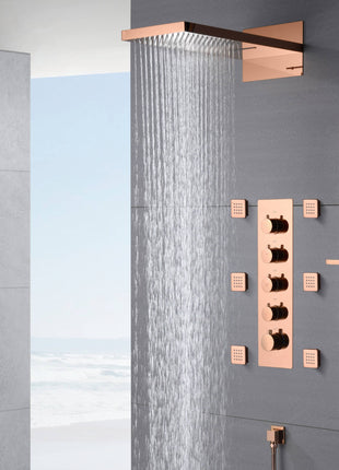 Rose Gold 22 Inch Rainfall Waterfall Shower Head 4 Way Thermostatic Shower Faucet Set with Slide Bar and Body Jets Each Function Work All Together and Separately