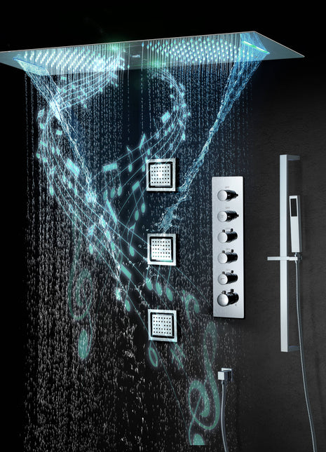 Chrome 36 Inch  Flushed Ceiling Mount Rainfall Waterfall Water Column 64 LED Light Bluetooth Music Shower Head 5 Way Thermostatic Shower Faucet Set with Body Jets and Touch Panel