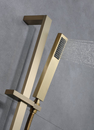 Brushed Gold 36 Inch  Flushed Ceiling Mount Rainfall Waterfall Water Column 64 LED Light Bluetooth Music Shower Head 5 Way Thermostatic Shower Faucet Set with Body Jets and Touch Panel