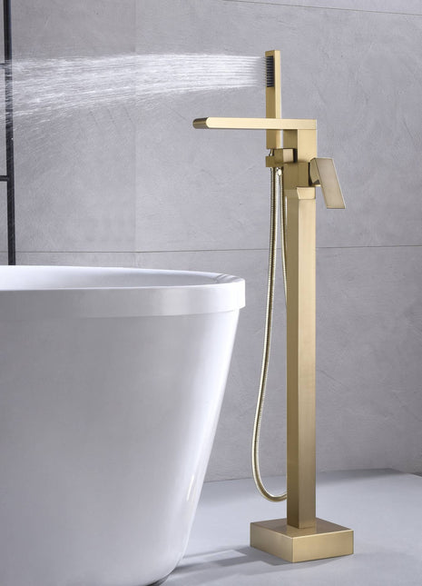Waterfall Brushed Gold Finish Pressure Balance Single Handle Floor Mount Freestanding Tub Filler Faucet with Hand Shower