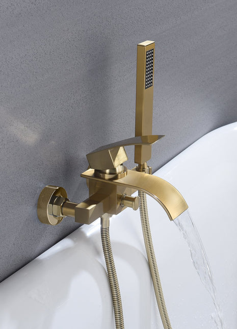 Waterfall Wall-mount Bath Tub Filler Faucet with Handheld Shower Brushed Gold