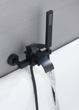 Matte Black Waterfall Wall-mount Bath Tub Filler Faucet with Handheld Shower