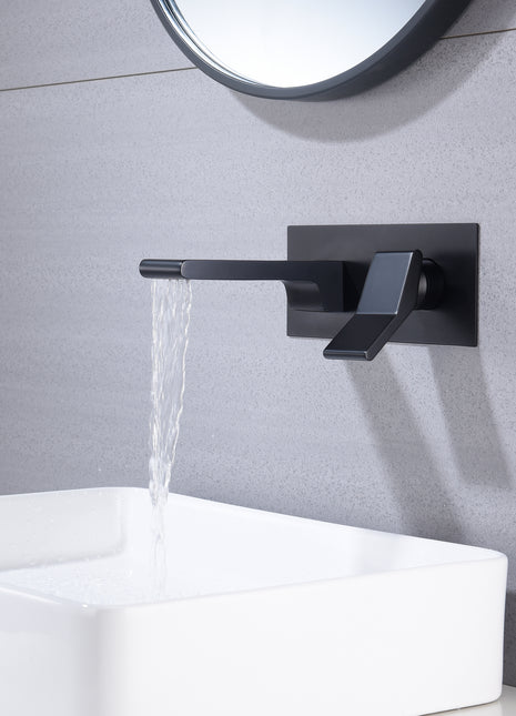 matte black waterfall wall mount single handle bathroom sink faucet with overflow brass pop up drain