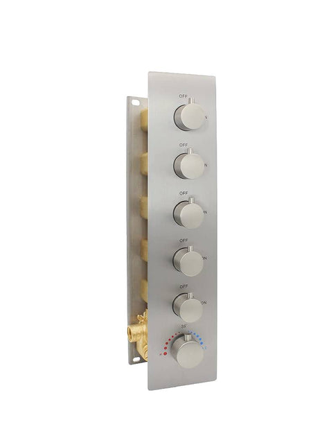 5 way thermostatic chrome or brushed nickle Or brushed gold rough in valve with trim