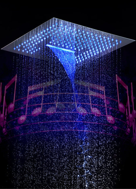 Brushed nickel 16 inch flushed mount rainfall waterfall 64 LED light bluetooth music shower head