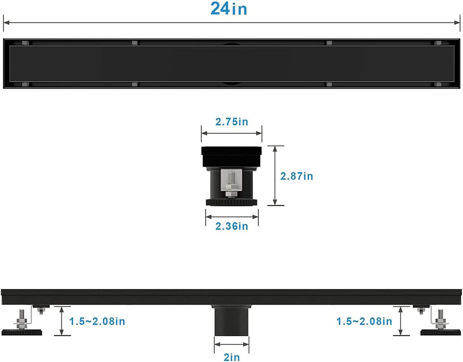 matte black Linear shower drain stainless steel material 24 inch with tile insert 2-in-1 cover with hair strainer and adjustment feet