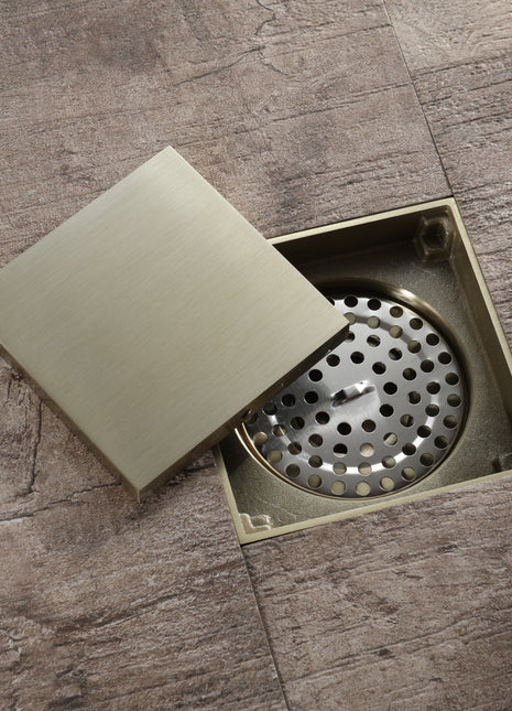 Brushed Gold 4-inch brass Shower Floor Drain with Removable Strainer Cover and Square Anti-clogging