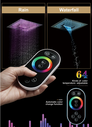 16inch 64 LED colors Music Matte Black Flushed in Bluetooth Music 3 Way anti-scald Digital Shower Faucet