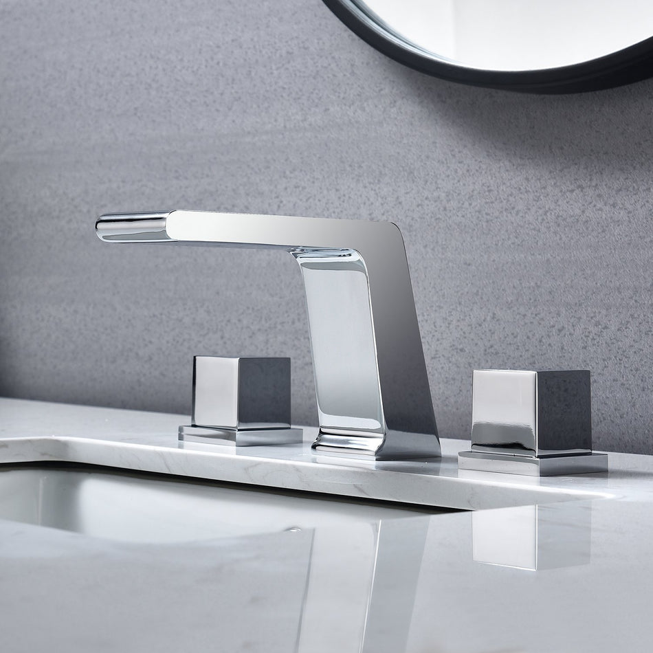 Chrome two handles 3 holes bathroom sink faucet with pop up overflow brass drain