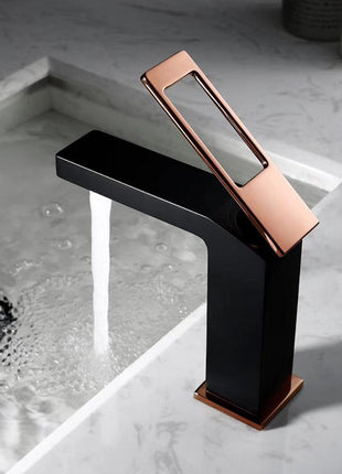 matte black single handle bathroom sink faucet with pop up overflow brass drain