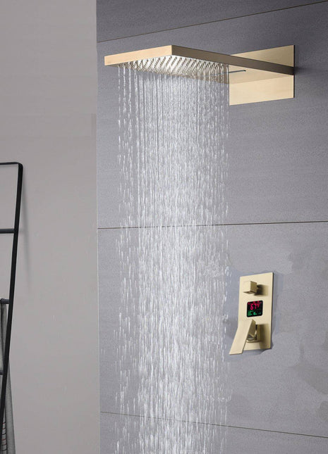 22inch Brushed gold 3 way anti-scald Digital display Shower faucet system rainfall and waterfall