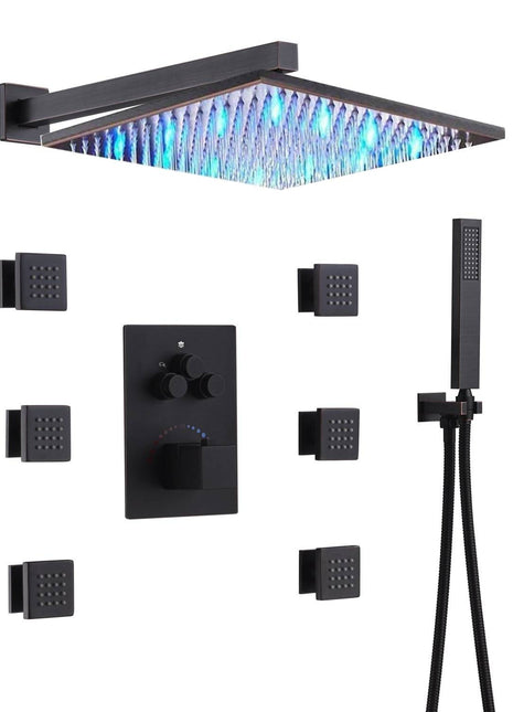 12 inch or 16 inch led light Wall Mounted Oil Rubbed Bronze 3 way thermostatic Shower Faucet System with 6 body jets