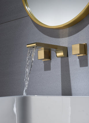 Brushed Gold waterfall Wall mount 3 holes two handles bathroom sink faucet with brass pop up overflow drain