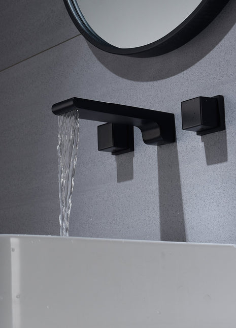 matte black waterfall wall mount bathroom sink faucet with overflow brass pop up drain
