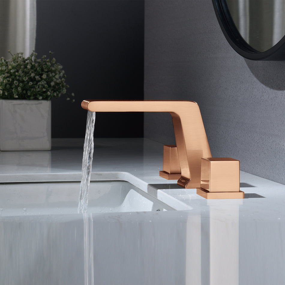 Rose Gold waterfall Deck mount bathroom sink faucet with overflow brass pop up drain