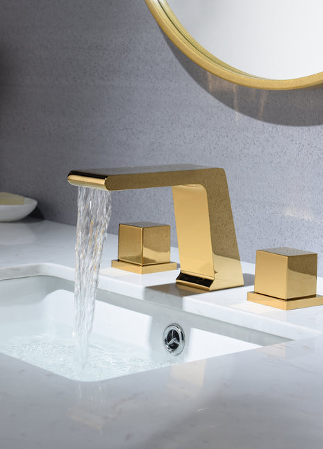 Polished Gold Widespread Bathroom Sink Faucet 2 Handles with pop up overflow brass drain