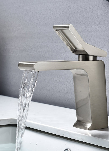 Brushed Nickel waterfall Single Handle Bathroom Sink Faucets with Brass Pop up Overflow Drain