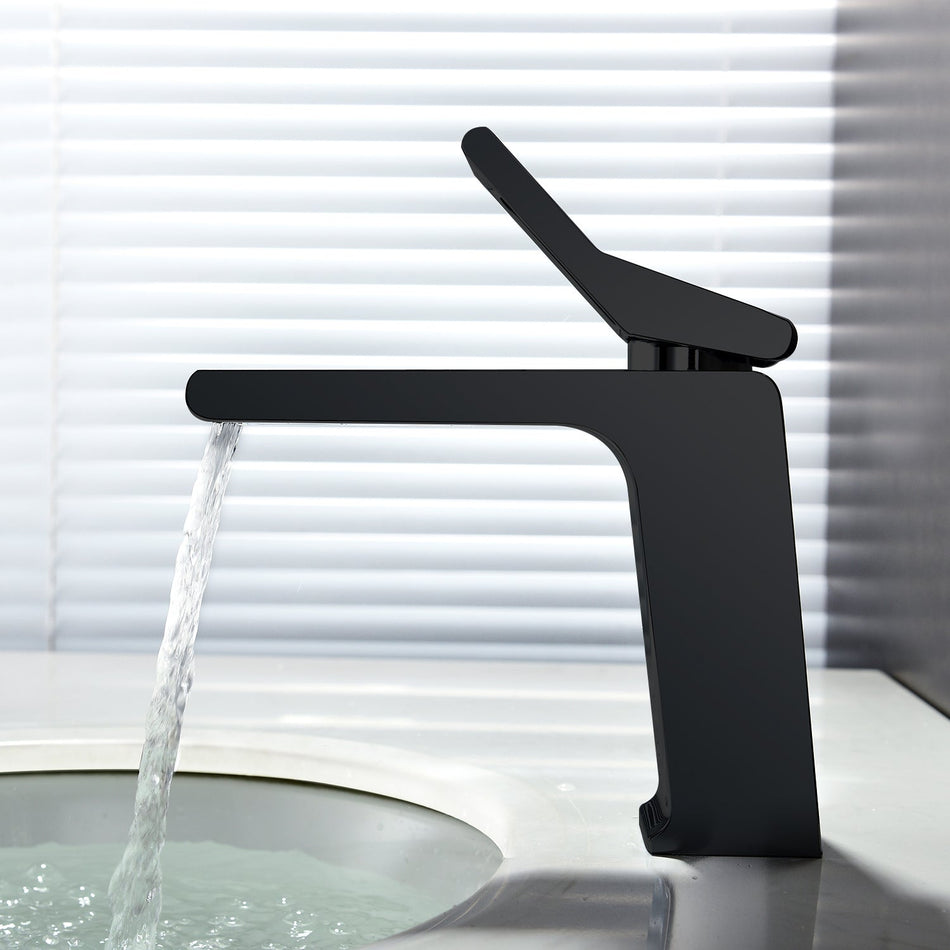 matte black waterfall single handle bathroom sink faucet with pop up overflow brass drain