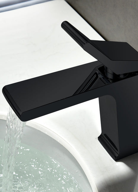 matte black waterfall single handle bathroom sink faucet with pop up overflow brass drain