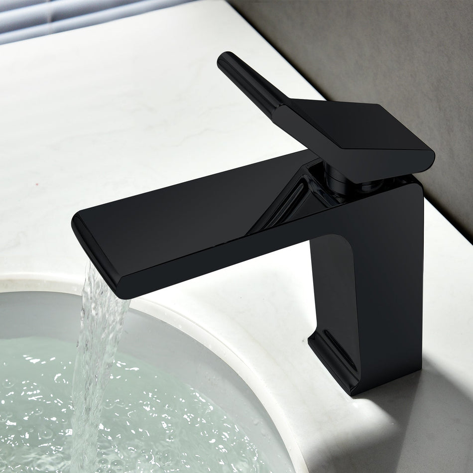 matte black waterfall single handle bathroom sink faucet with pop up overflow brass drain