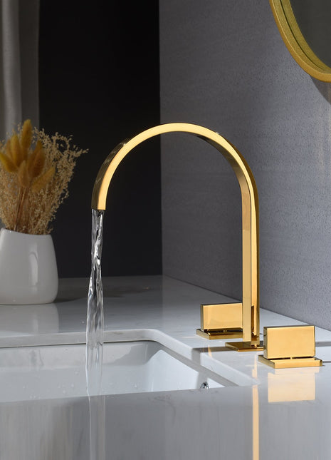 Polished Gold waterfall three holes two handle bathroom basin faucet with pop up overflow brass drain