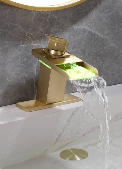 Brushed Gold Waterfall 3 LED Lights Single Handle Bathroom Sink Faucet with Cover and Pop Up Brass Overflow Drain