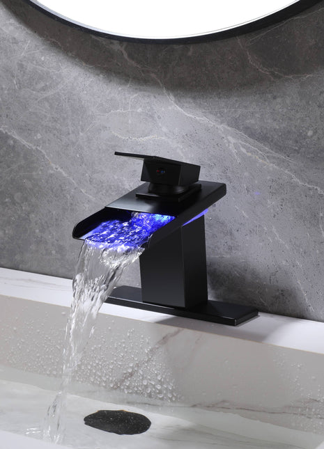 Matte Black Waterfall 3 Color LED Lights Single Handle Bathroom Sink Faucet Set with Cover And Pop Up Brass Overflow Drain