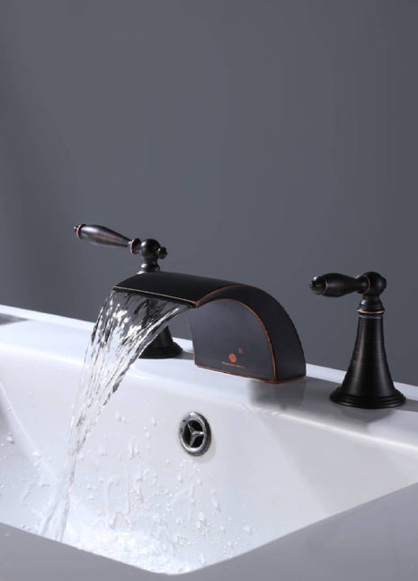 Oil Rubbed Bronze Waterfall Widespread Bathroom 3 holes two handles Sink Faucet with brass pop up drain