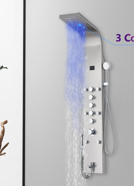 3 LED color Brushed nickel 59'' Rain & Waterfall Tower Massage System each function work at the same time and separately