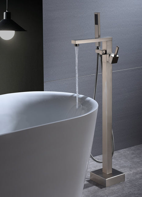 Brushed Nickel Waterfall Floor Mount Freestanding Bathtub Faucet Tub Filler with Handheld Sprayer