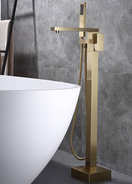 Brushed Gold Single Handle Freestanding Tub Filler Faucet with Hand Shower
